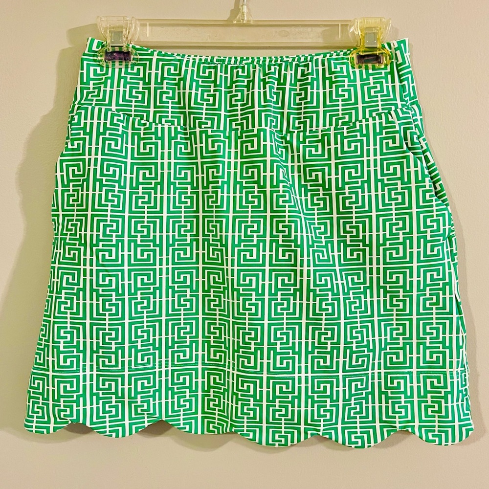 Katherine Way Delray Scalloped Skort in Kelly Green Puzzle Maze